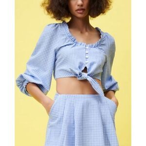 Zara gingham cropped tie front blouse size XS NWT